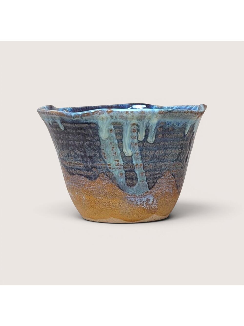 1980s Blue Studio Pottery Drip Glaze Initialed Bowl